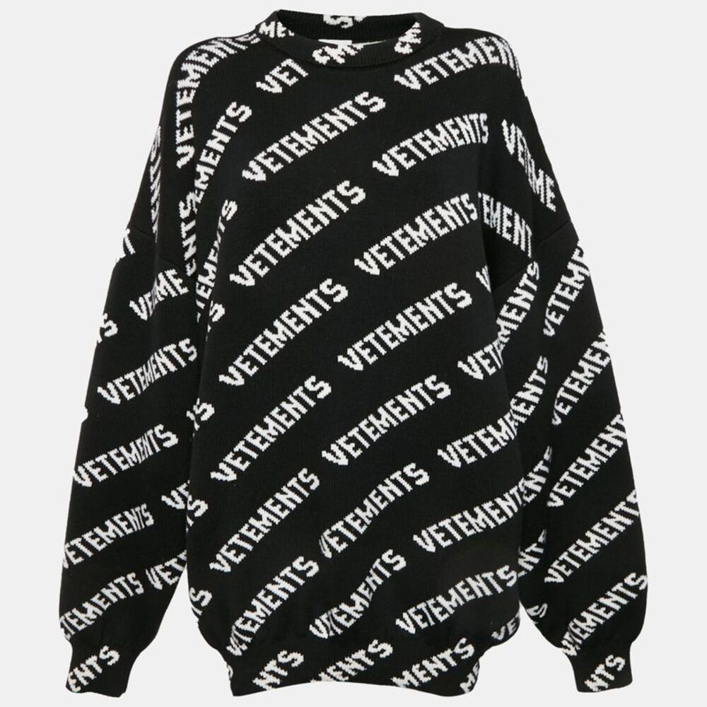 Vetements Black/white Logo Jacquard Rib Knit Sweater L